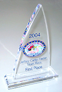 Acrylic mainsail sailing trophy mounted onto clear acrylic base